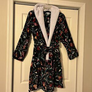 VERA BRADLEY Sz L / XL Dark Green w/ Flowers Plush Belted Hooded Robe w/ Pockets